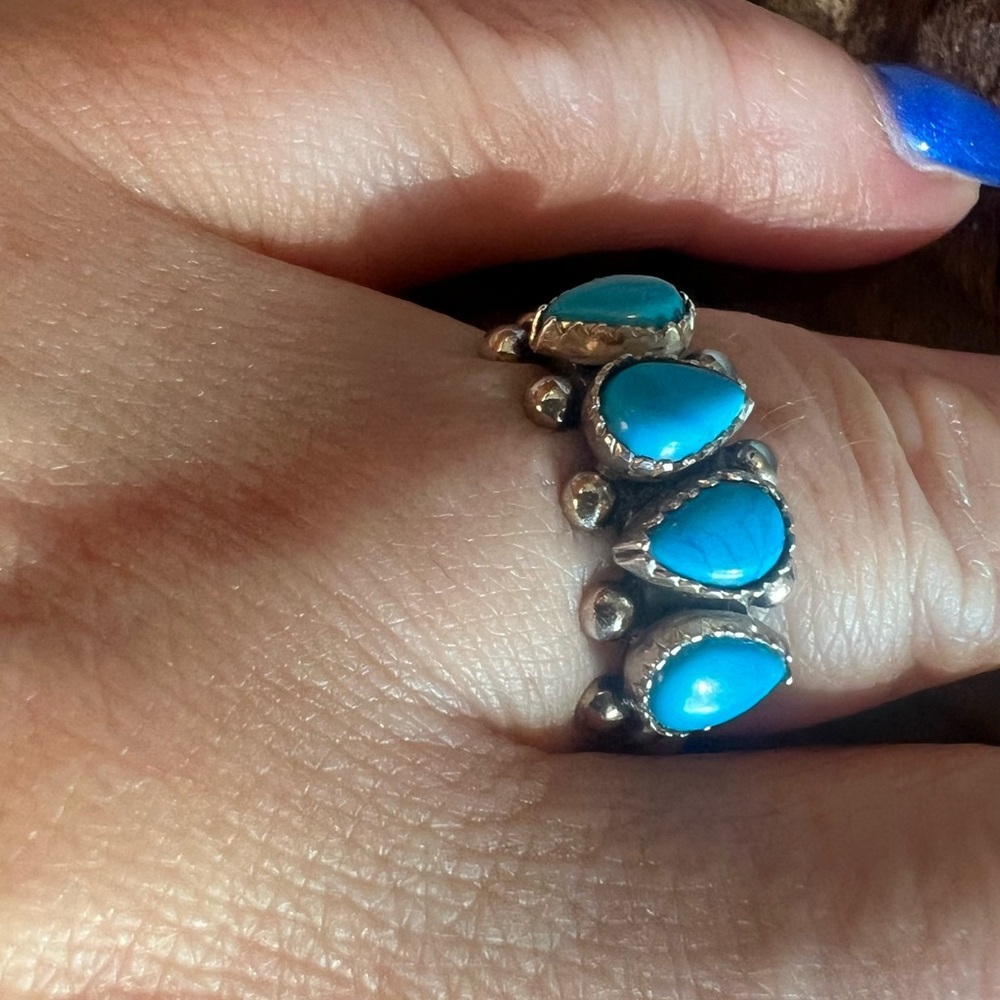 Zuni Navajo Blue Turquoise Ring Band Sleeping Beauty Sterling Petit Point 7 - Picture 4 of 11